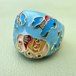 Blue Enamel Sterling Silver Vermeil Gold Elephant Ring 925 Large Statement Sz 7